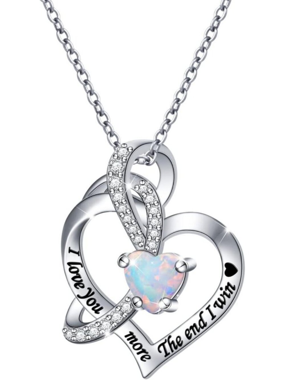 Sterling Silver I Love You Heart Necklace with Lab Opal - Perfect Gift for
